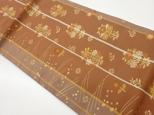 縞に花々模様織出し名古屋帯